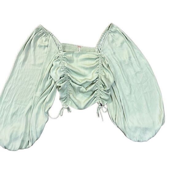 Free People laria Blouse Pleated Adjustable Drawstring Puff Sleeve bright Mint g - Picture 4 of 15